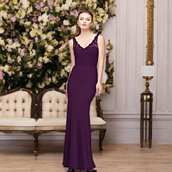 David's Bridal Bridesmaid Maxi Dress Sleeveless Lace Stretch-Crepe Party Gown - Picture 1 of 10